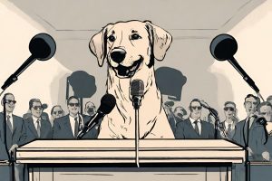 dog behind a microphone and podium