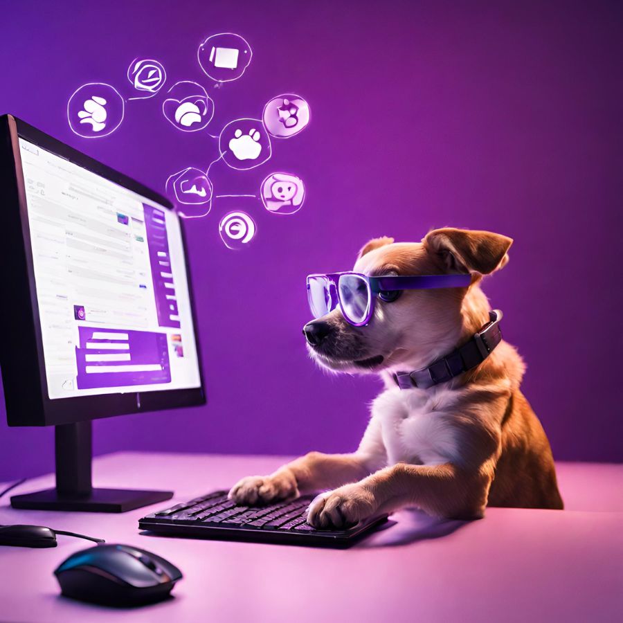 animal shelter social post writer dog at computer screen